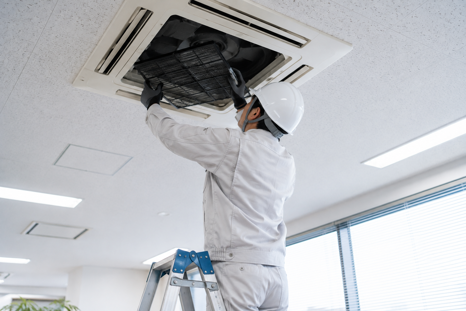天井埋込型エアコンのフィルターを点検する作業員