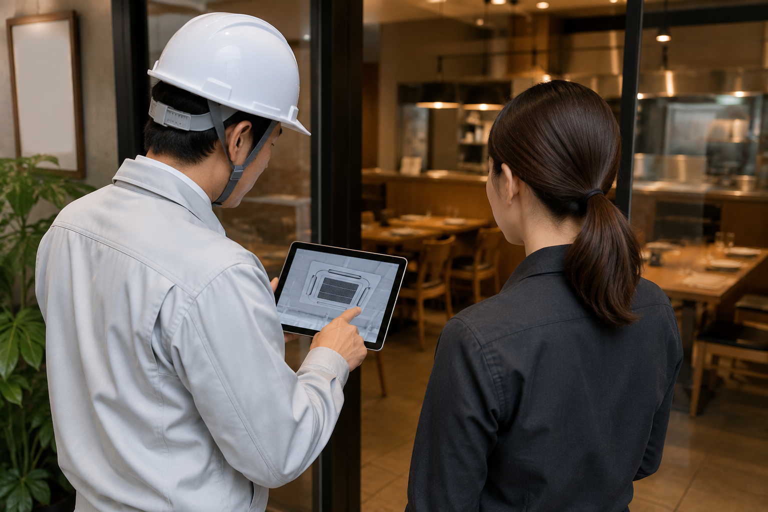 店舗の担当者に点検内容を説明する作業員